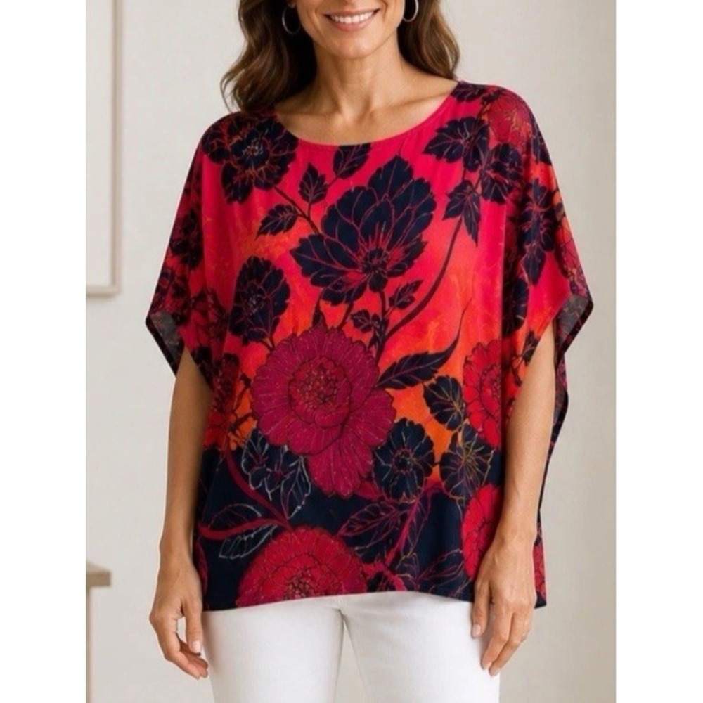 Chico's Red Floral Chiffon Poncho Top Women L/XL Sheer Pullover Boho Overlay - Picture 4 of 10
